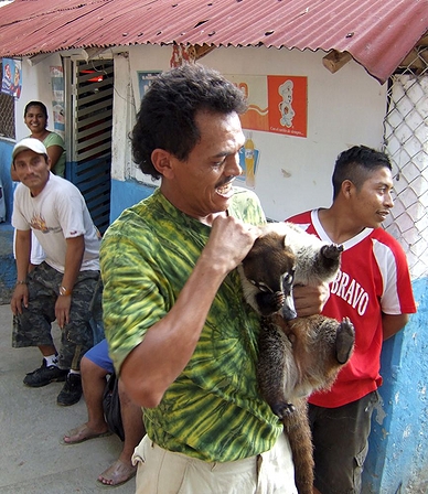 Inmate in courtyard with pet tejon (coatimundi)